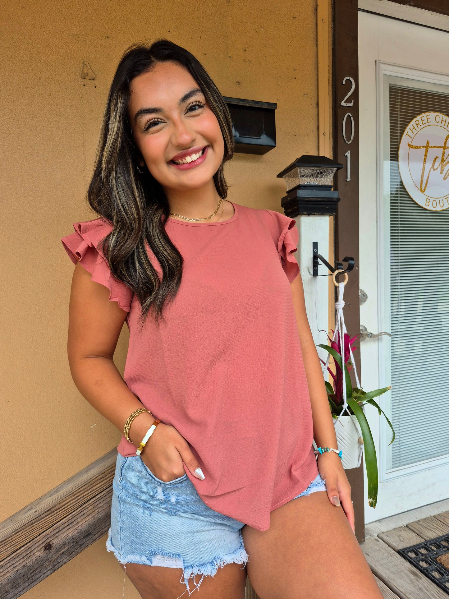 Ruffle Sleeve Boatneck Top