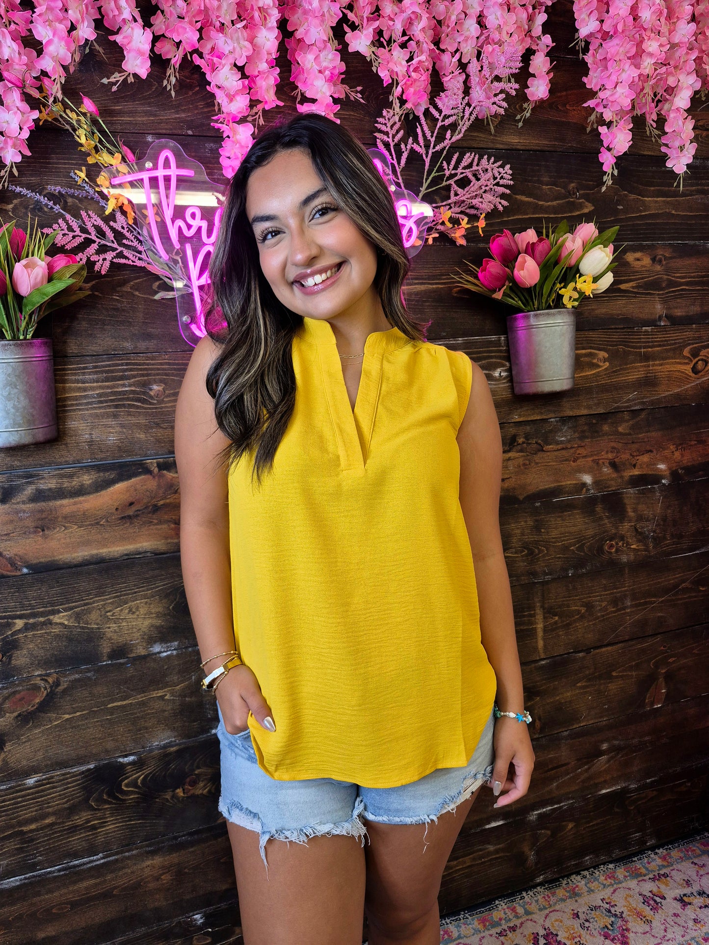 V Neck Sleeveless Top- Yellow