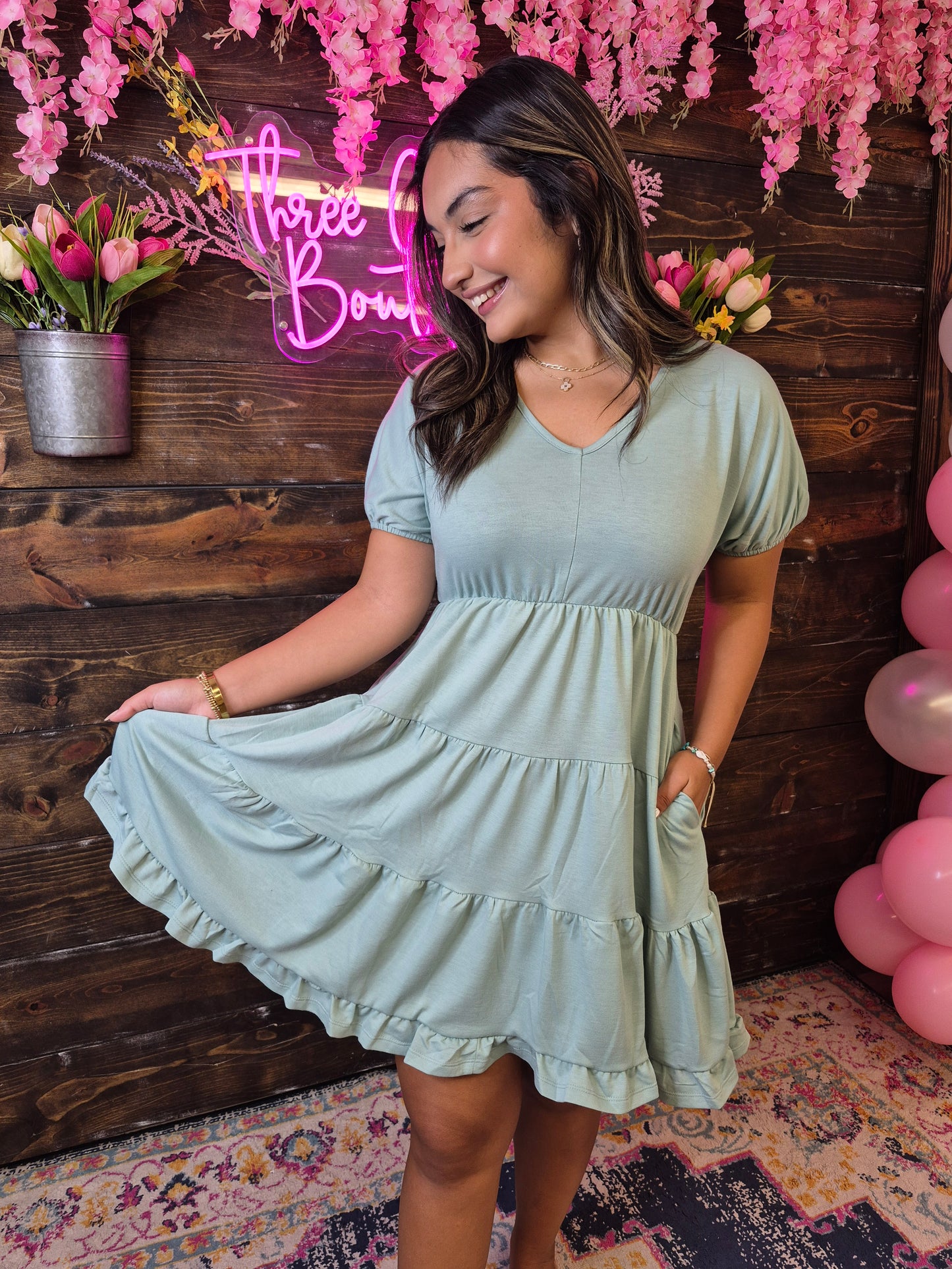 Puff Sleeve Midi Dress- Dusty Mint