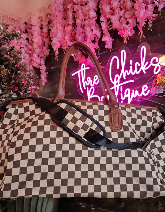 Checkered Weekender Bag- Brown