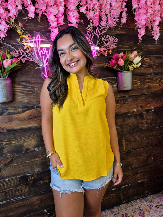 V Neck Sleeveless Top- Yellow