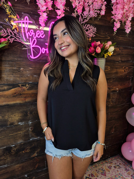 V Neck Sleeveless Top- Black