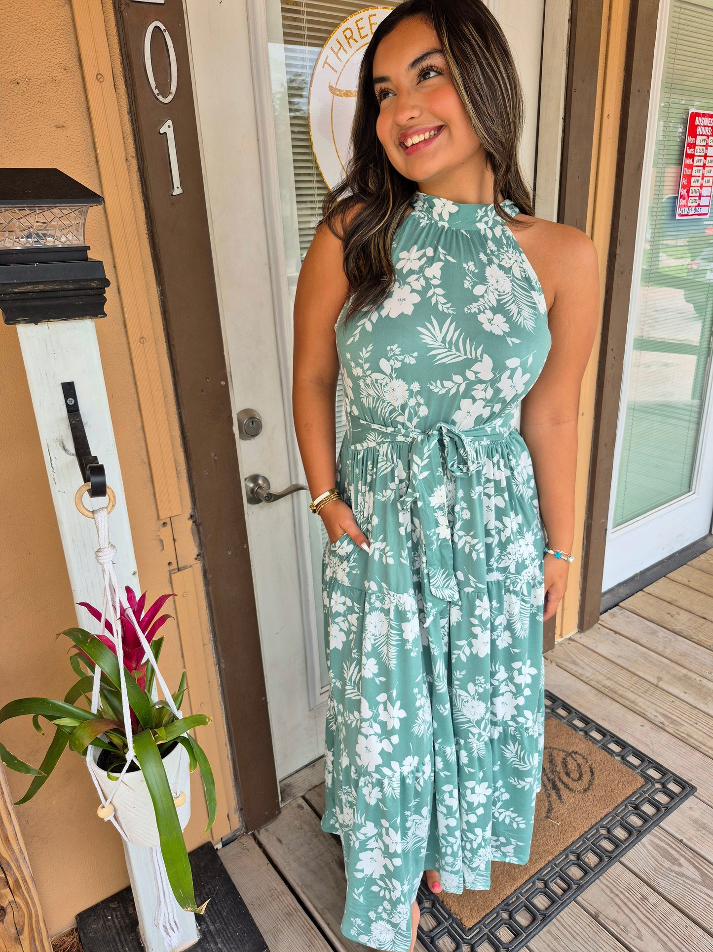 Sage Bright Halter Dress
